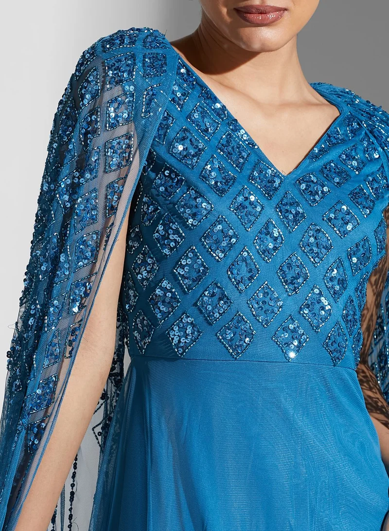 Amelia Rose Cape Sleeve Embroidered Pleated Dress
