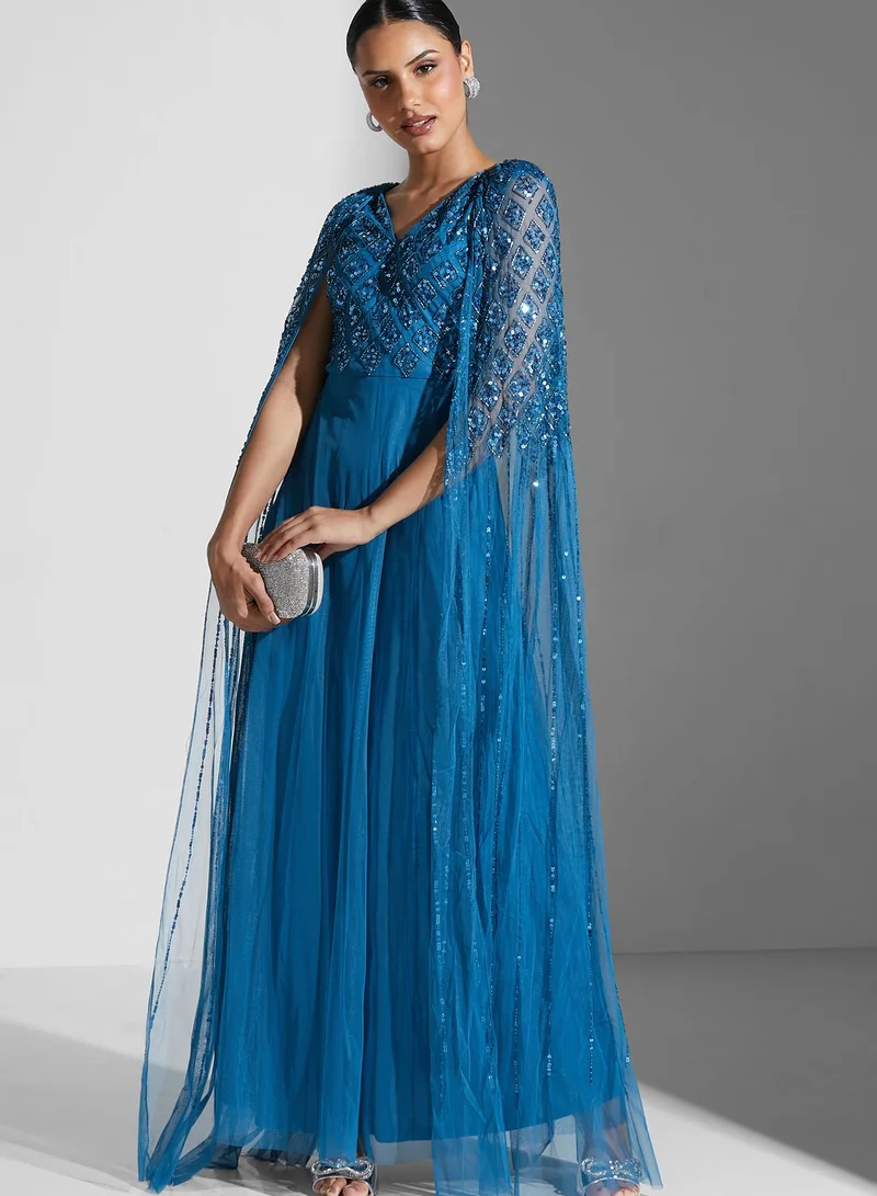 Amelia Rose Cape Sleeve Embroidered Pleated Dress