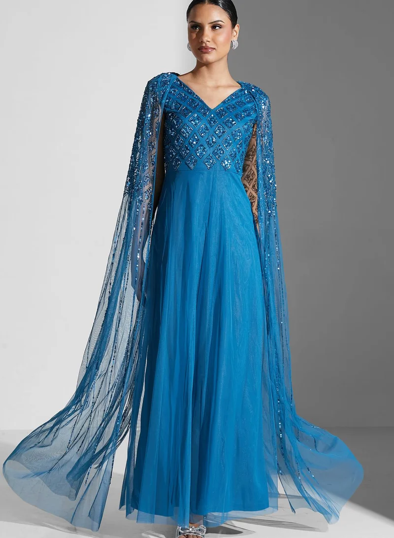Amelia Rose Cape Sleeve Embroidered Pleated Dress