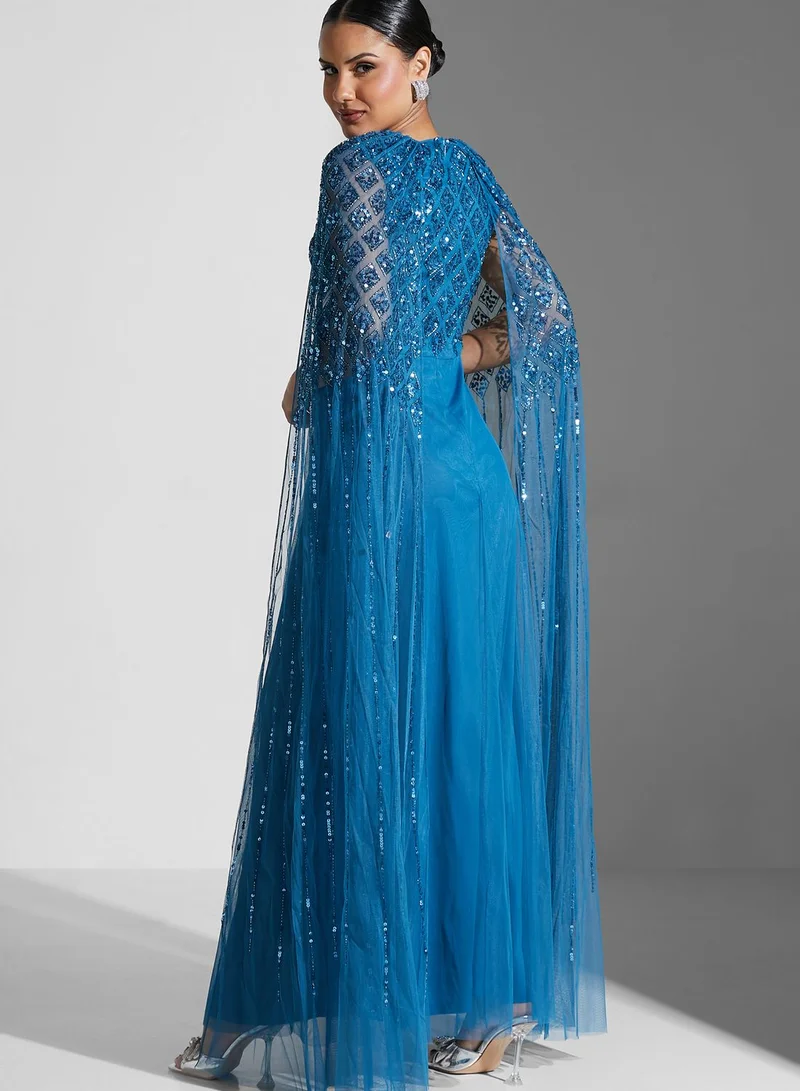 Amelia Rose Cape Sleeve Embroidered Pleated Dress