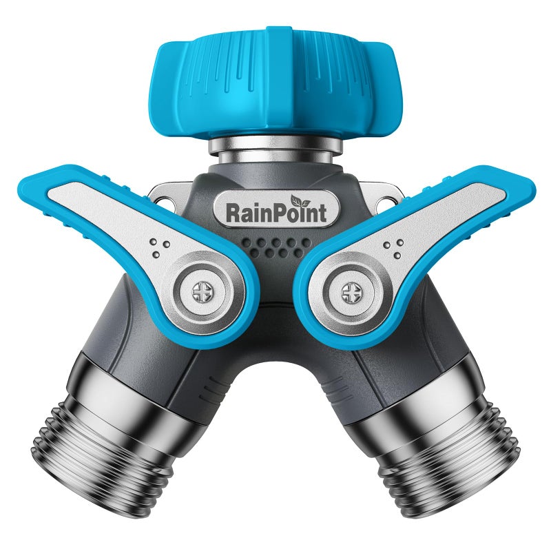 RAINPOINT Garden Hose Splitter, 2 Way Heavy Duty Water Hose Y Spigot Splitter with Shutoff Valves, 100% Metal Body Outdoor Faucet Splitter, 1.9" Extra Long Metal Handle, 3/4" GHT Thread (1, Blue) - Image 1