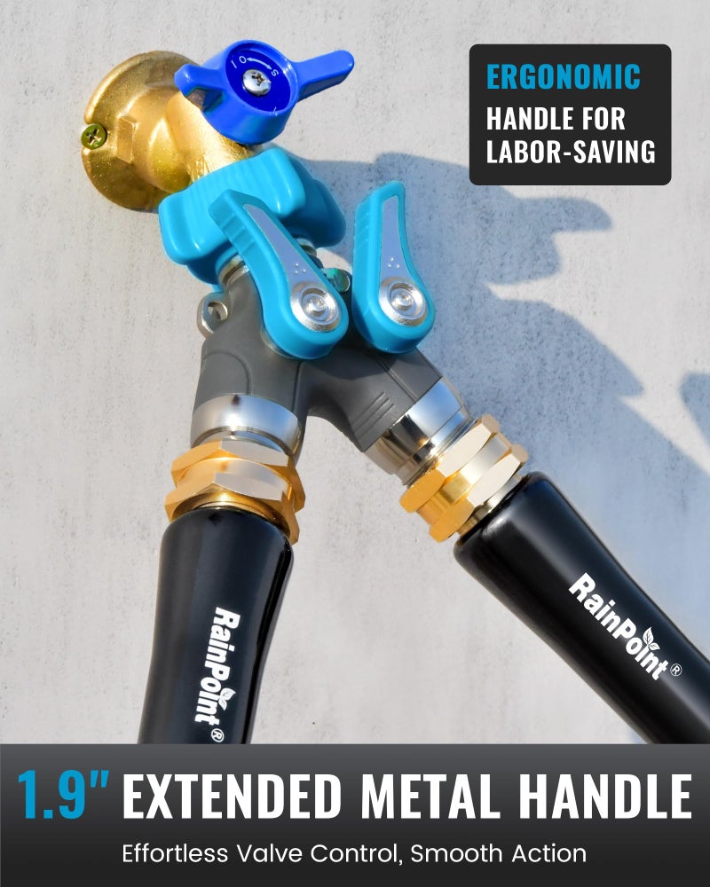 RAINPOINT Garden Hose Splitter, 2 Way Heavy Duty Water Hose Y Spigot Splitter with Shutoff Valves, 100% Metal Body Outdoor Faucet Splitter, 1.9" Extra Long Metal Handle, 3/4" GHT Thread (1, Blue) - Image 4