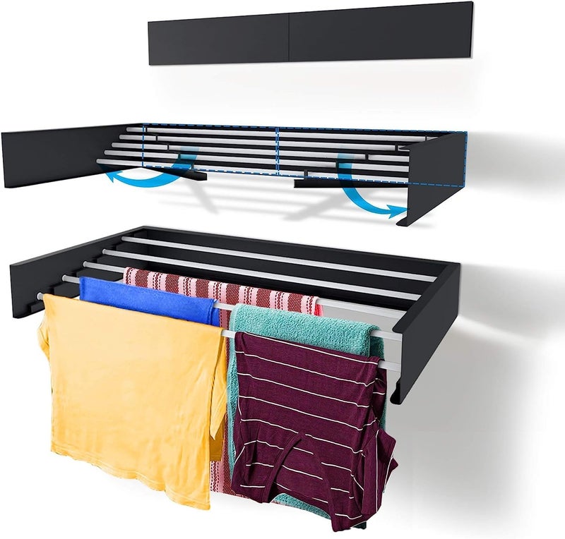 Rainbow Drywell Fold Hide Metal Rust Free Clothes Drying Rack Wall Mounting Folding Collapsible Space Saver Cloth Drying Stand for Drying Color Black 80 cms x 5 Pipes - Image 1