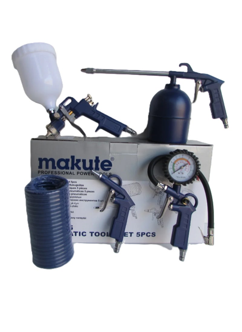 5 pc Pneumatic Air Tool Kit - Spray Gun, Inflator with Gauge, Blower, and Hose Set- MKDGS5