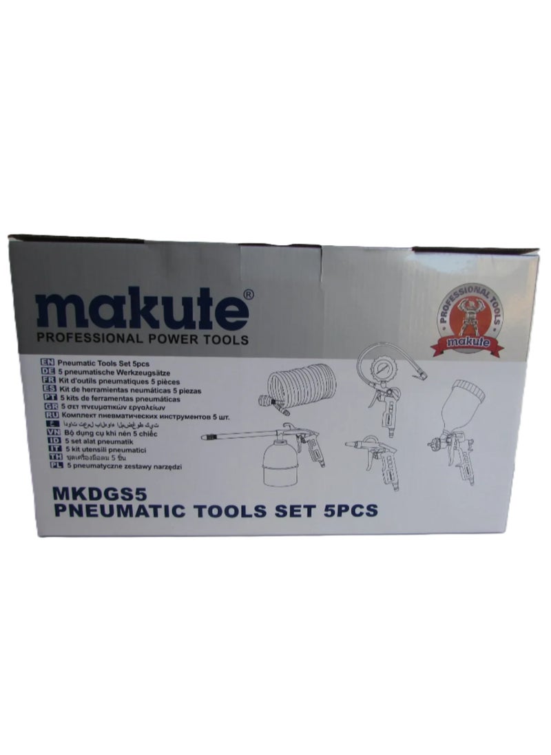 5 pc Pneumatic Air Tool Kit - Spray Gun, Inflator with Gauge, Blower, and Hose Set- MKDGS5