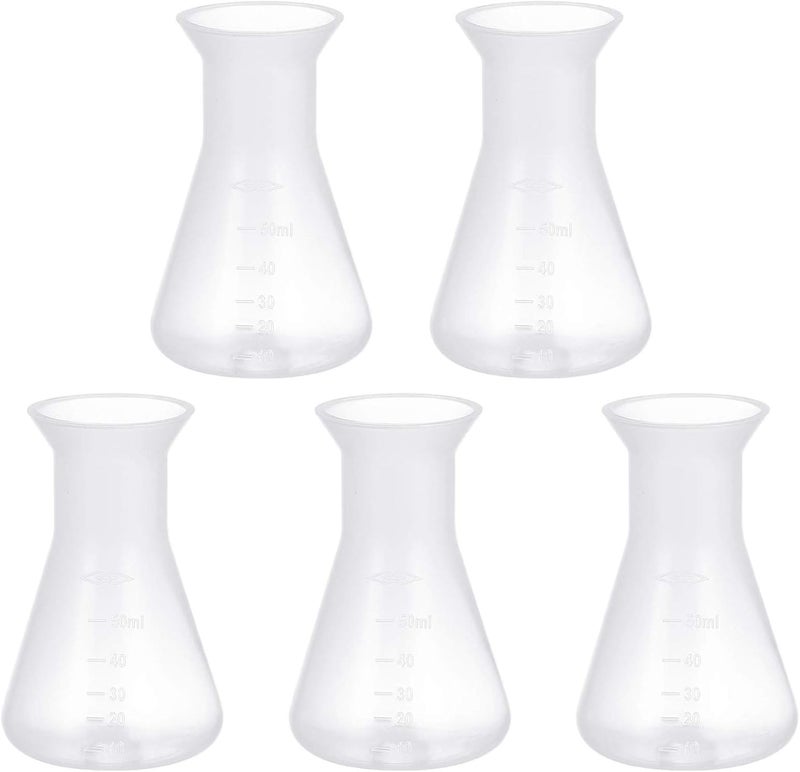 comfrt Laboratory Flask, Conical Flask for Laboratory, Plastic Erlenmeyer Flask, 50ml Graduated Flask Set, Narrow Neck, without Cap, Pack of 5 - Image 1