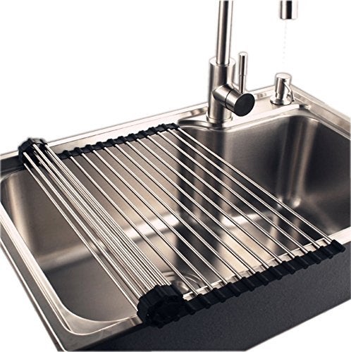 INVOSS Large Roll Up Over The Sink Dish Drying Rack Kitchen Rolling Dish Drainer Foldable Sink Rack Mat Stainless Steel Wire 18 X 175 Silver - Image 1
