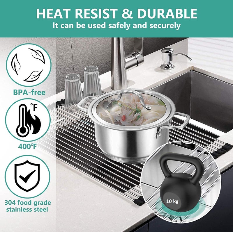 INVOSS Large Roll Up Over The Sink Dish Drying Rack Kitchen Rolling Dish Drainer Foldable Sink Rack Mat Stainless Steel Wire 18 X 175 Silver - Image 2