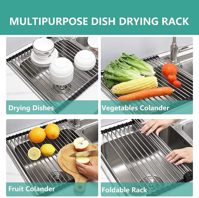 INVOSS Large Roll Up Over The Sink Dish Drying Rack Kitchen Rolling Dish Drainer Foldable Sink Rack Mat Stainless Steel Wire 18 X 175 Silver - Image 3