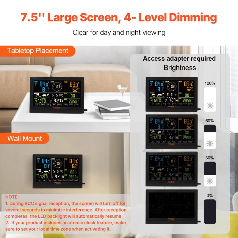 VEVOR 7-in-1 Wireless Weather Station, 7.5 in Color Display, Digital Weather Station Indoor Outdoor, for Temperature Humidity Wind Speed/Direction Rain UV, with Forecast Data, Alarm, Alerts-NO WiFi - Image 4