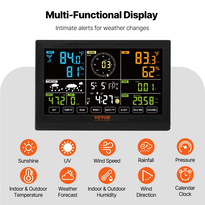 VEVOR 7-in-1 Wireless Weather Station, 7.5 in Color Display, Digital Weather Station Indoor Outdoor, for Temperature Humidity Wind Speed/Direction Rain UV, with Forecast Data, Alarm, Alerts-NO WiFi - Image 5