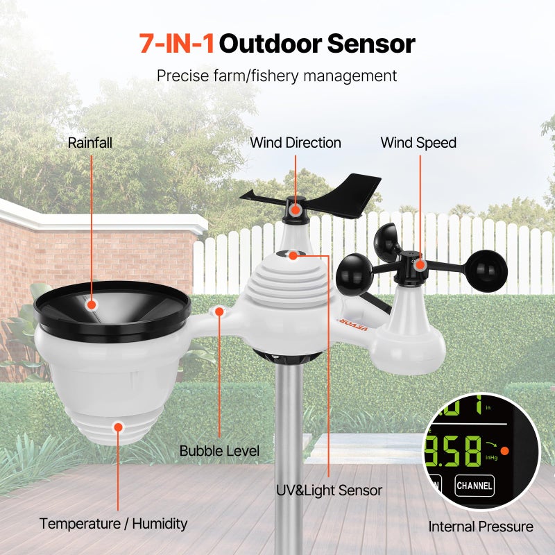 VEVOR 7-in-1 Wireless Weather Station, 7.5 in Color Display, Digital Weather Station Indoor Outdoor, for Temperature Humidity Wind Speed/Direction Rain UV, with Forecast Data, Alarm, Alerts-NO WiFi - Image 2