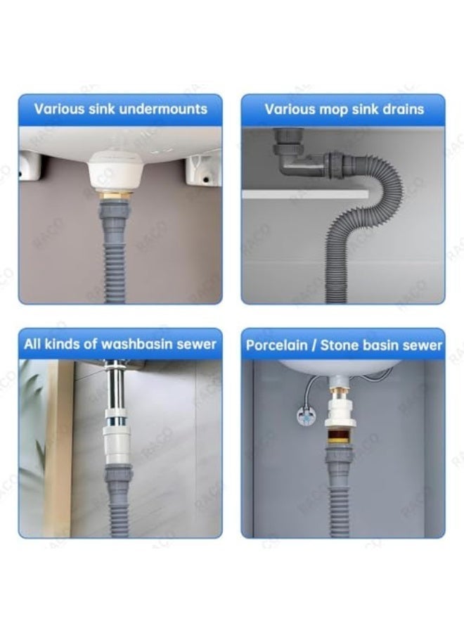 Flexible Waste Pipe for Sink/Tub - Universal Size, Corrugated Expandable Drain Hose with Threaded Nut - Durable PVC Plastic | Anti-clog Design | Gray | 1-1/4" Adapter Included (1) - Image 3