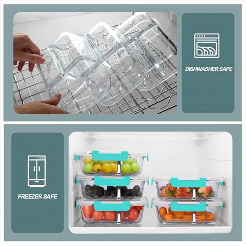 KOMUEE Glass Meal Prep Containers 3 Compartments, 5 Pack 36 oz, Glass Food Storage Containers with Lids, Airtight Lunch Bento Box, Portion Control, Freezer and Microwave Safe, Green - Image 2