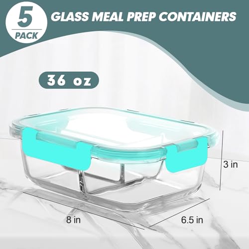 KOMUEE Glass Meal Prep Containers 3 Compartments, 5 Pack 36 oz, Glass Food Storage Containers with Lids, Airtight Lunch Bento Box, Portion Control, Freezer and Microwave Safe, Green - Image 4