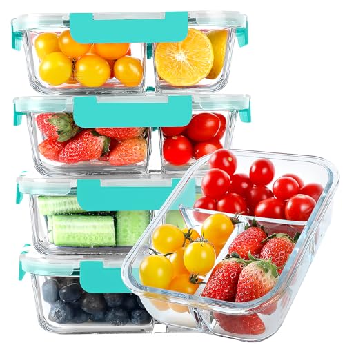 KOMUEE Glass Meal Prep Containers 3 Compartments, 5 Pack 36 oz, Glass Food Storage Containers with Lids, Airtight Lunch Bento Box, Portion Control, Freezer and Microwave Safe, Green - Image 1