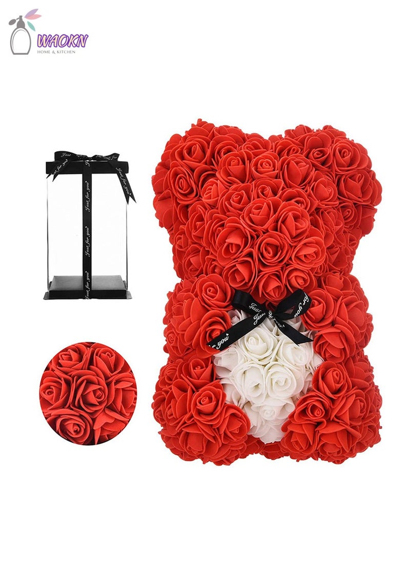 WAOKN 25cm Rose Bear with Transparent Gift Box & Black Ribbon Rose Petals Teddy Bear Presents for Women Artificial Flowers Valentine Gifts High Appearance Level Creative Gift Home Decor Red - Image 1