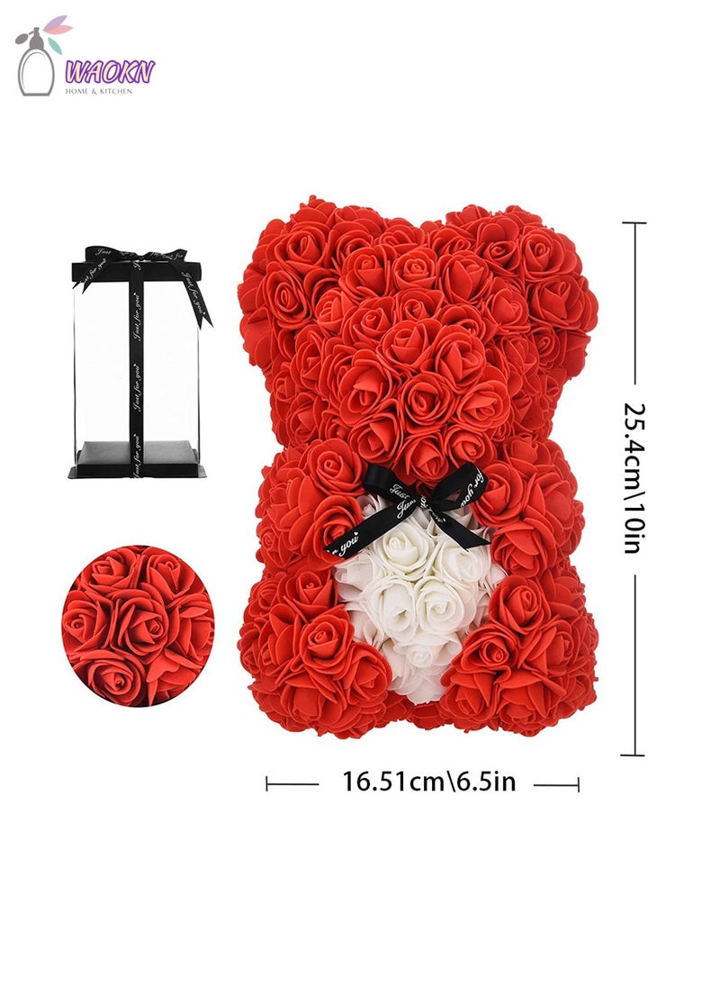 WAOKN 25cm Rose Bear with Transparent Gift Box & Black Ribbon Rose Petals Teddy Bear Presents for Women Artificial Flowers Valentine Gifts High Appearance Level Creative Gift Home Decor Red - Image 2