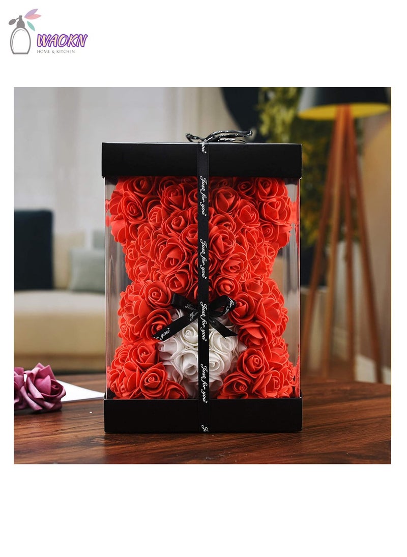 WAOKN 25cm Rose Bear with Transparent Gift Box & Black Ribbon Rose Petals Teddy Bear Presents for Women Artificial Flowers Valentine Gifts High Appearance Level Creative Gift Home Decor Red - Image 3