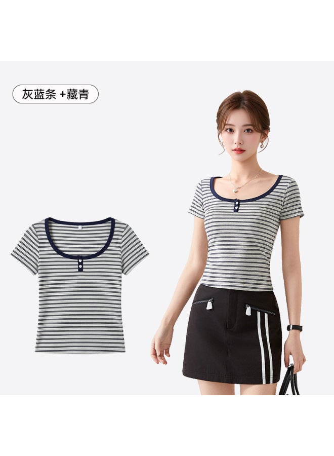 Spring/summer New Tencel Cotton U-neck Color-blocking Striped Shoulder-fit T-shirt 10a Antibacterial Academic Style Slim-fit Breathable Women's Top