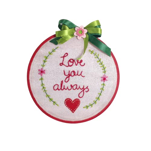 Rasika Creations Wooden Embroidery Handmade HoopFrame 8Inch with Pink Base and Love You Always Quotation Specially customised for Valentines Day and for Wall HangingRoom Decoration  - Image 1