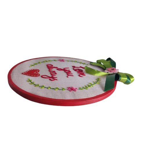 Rasika Creations Wooden Embroidery Handmade HoopFrame 8Inch with Pink Base and Love You Always Quotation Specially customised for Valentines Day and for Wall HangingRoom Decoration  - Image 3