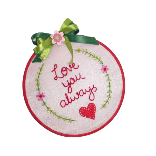 Rasika Creations Wooden Embroidery Handmade HoopFrame 8Inch with Pink Base and Love You Always Quotation Specially customised for Valentines Day and for Wall HangingRoom Decoration  - Image 2