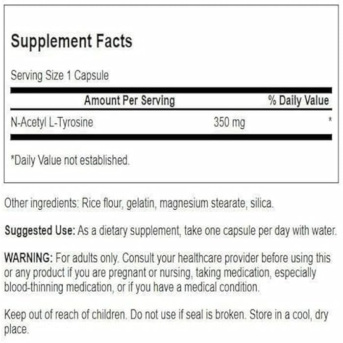 Swanson N-Acetyl L-Tyrosine - Amino Acid Supplement Supporting Overall Brain Health & Central Nervous System Function - Promotes & Cognitive Health - (60 Capsules, 350mg Each) - Image 2