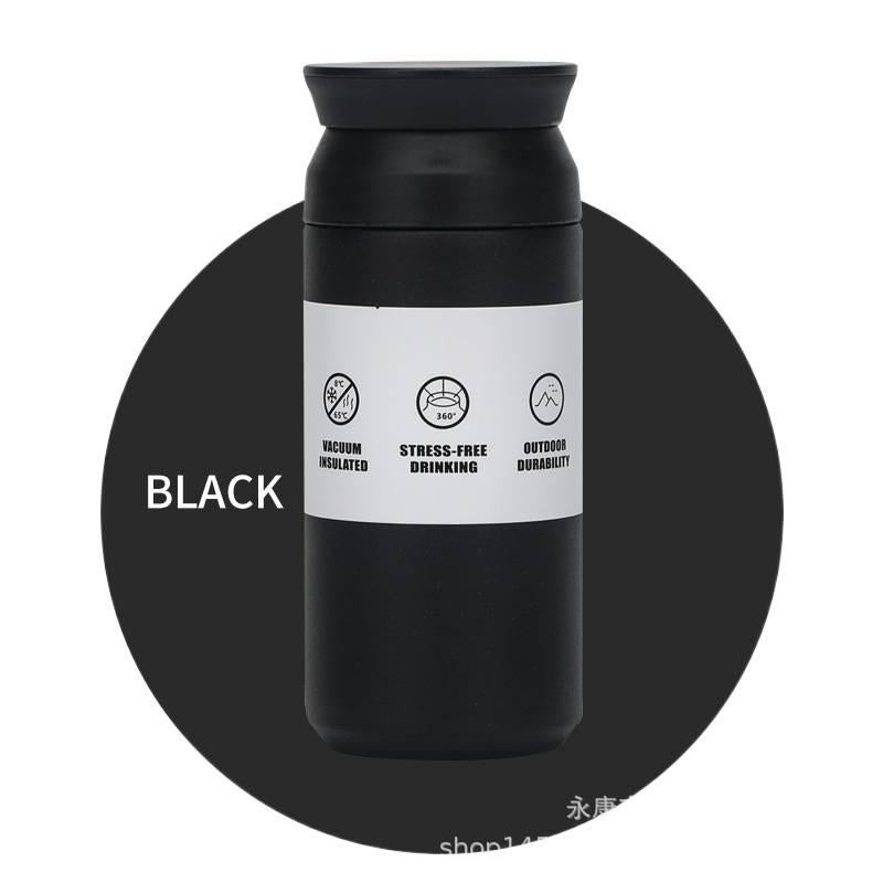 كوب قهوة للسفر باللون الأسود بمقبض سهل الحمل ومناسب لحامل الأكواب من ستانلس ستيل، 500 ml، أسود مع مقبض من الستانلس ستيل للحمل اليومي للاستخدام المتكرر للاستخدام الشخصي - Image 1