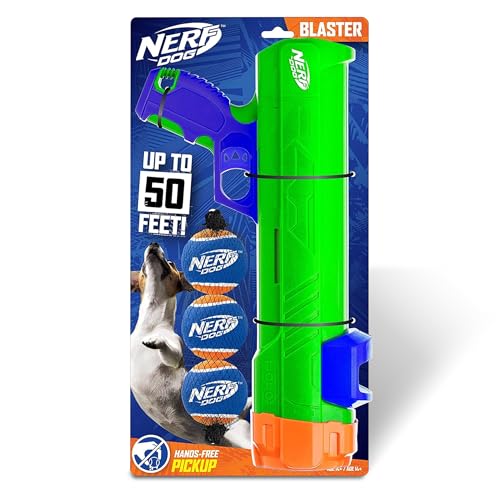 Nerf Dog Tennis Ball Blaster Dog Toy Gift Set Tennis Ball Dog Fetch Toy Launches up to 50 ft Dog Ball Thrower for All Breeds Includes Green Tennis Ball Launcher and 3 Dog Tennis Balls - Image 1