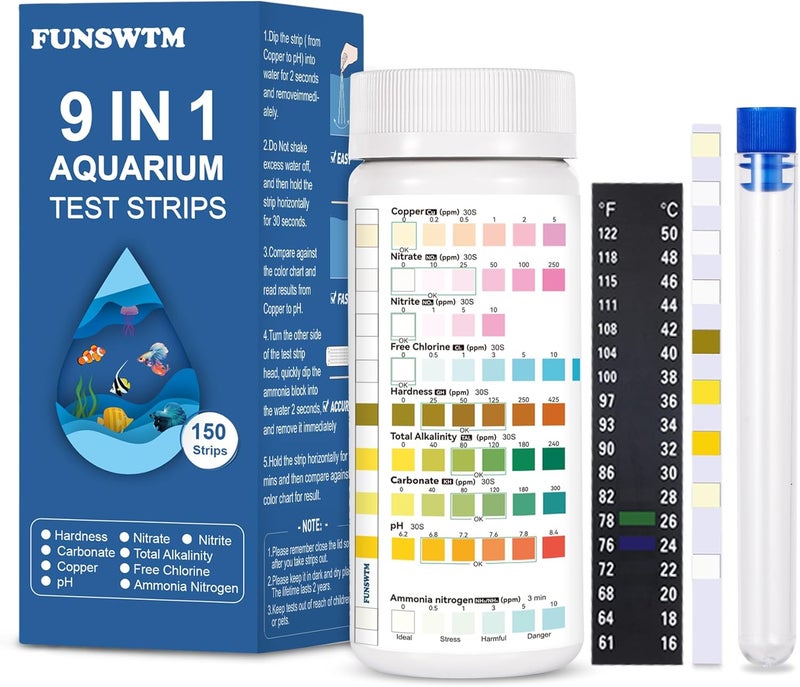 FUNSWTM Aquarium Test Strips for Fish Tank: 9 in 1 Aquarium Water Test Kit for Freshwater - 150ct Fish Test Strips Testing Ammonia pH Nitrate Chlorine Nitrite Hardness Alkalinity Copper - Image 1