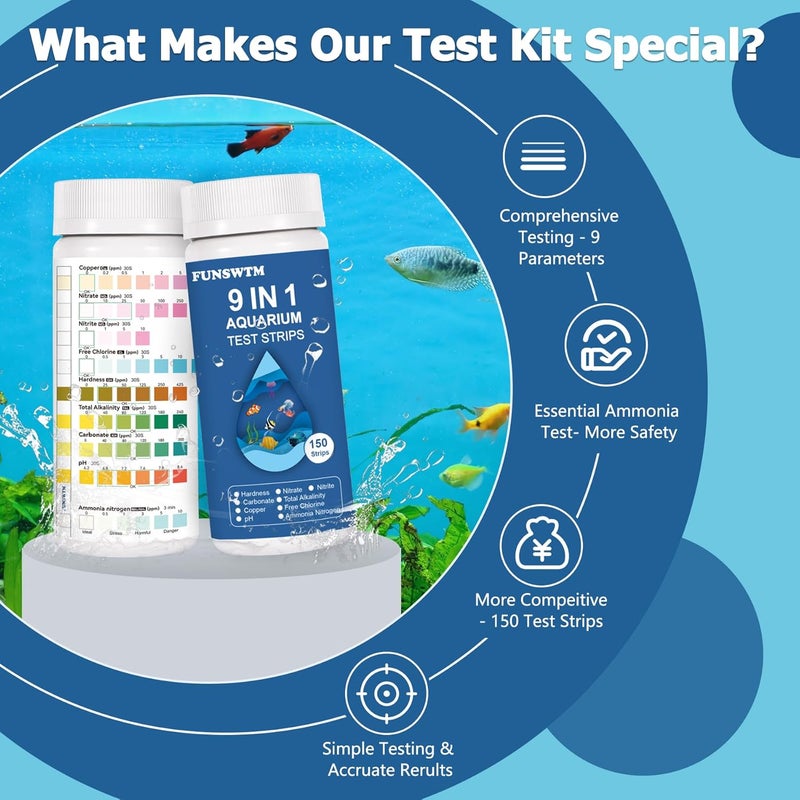 FUNSWTM Aquarium Test Strips for Fish Tank: 9 in 1 Aquarium Water Test Kit for Freshwater - 150ct Fish Test Strips Testing Ammonia pH Nitrate Chlorine Nitrite Hardness Alkalinity Copper - Image 4