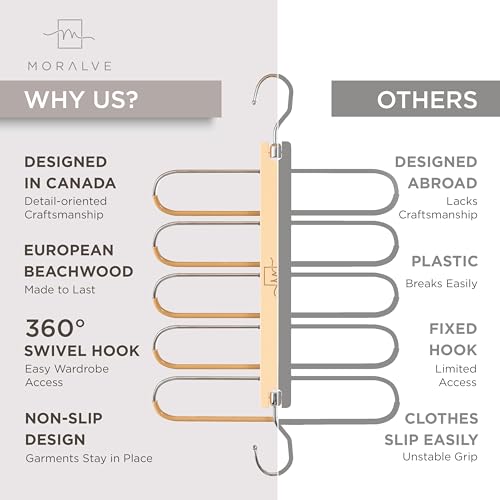 MORALVE Pants Hangers Space Saving - 4 Pack European Beechwood Scarf and Jean Hangers - Closet Organizer and Space Saver Pant Rack, Leggings Hanger, and Scarf Holder with 360° Swivel Hook - Image 5