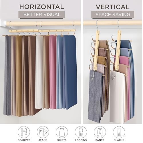 MORALVE Pants Hangers Space Saving - 4 Pack European Beechwood Scarf and Jean Hangers - Closet Organizer and Space Saver Pant Rack, Leggings Hanger, and Scarf Holder with 360° Swivel Hook - Image 4