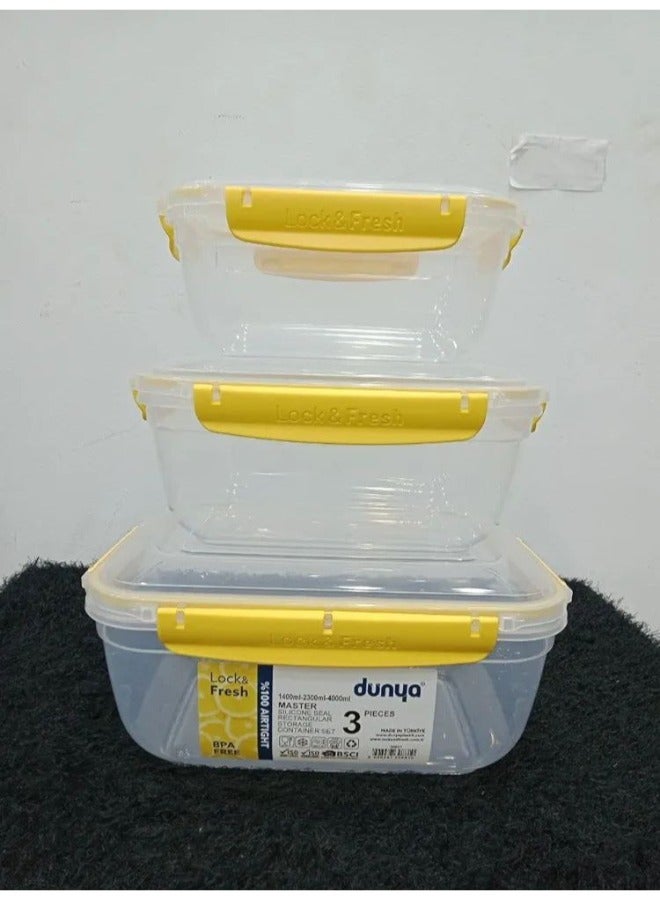 دنيا بلاستيك مجموعة حاويات تخزين الطعام في الثلاجة الأصفر ذات الشكل المربع3 قطع - مع غطاء محكم - خالية من مادة BPA - (900-1500-2400) ML مللي لتر - Image 1