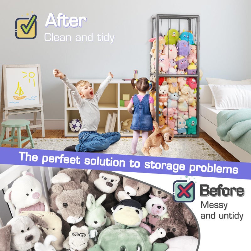 Trycooling Stuffed Animal Storage Zoo Stuffed Animal Holder Space Save Vertical Stuffed Animals Storage PVC with Elastic Band and Net for Playroom Bedroom Nursery (Grey 1) - Image 5