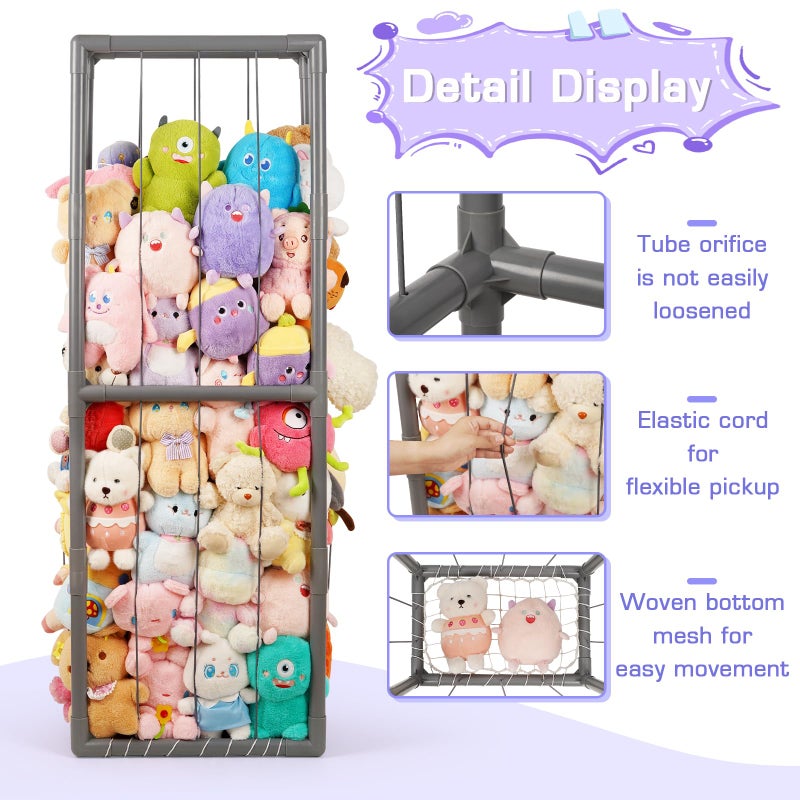 Trycooling Stuffed Animal Storage Zoo Stuffed Animal Holder Space Save Vertical Stuffed Animals Storage PVC with Elastic Band and Net for Playroom Bedroom Nursery (Grey 1) - Image 3