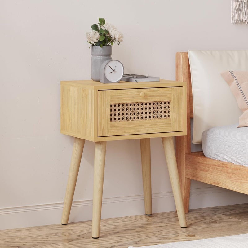HOME ELEMENTS End Table with Rattan Door Storage for Living Room Bedside Table Sofa Side Table Nightstand Table with Legs for Bedroom Dining Room BalconyOfficeKids RoomSmall Spaces35x28x57cm - Image 1