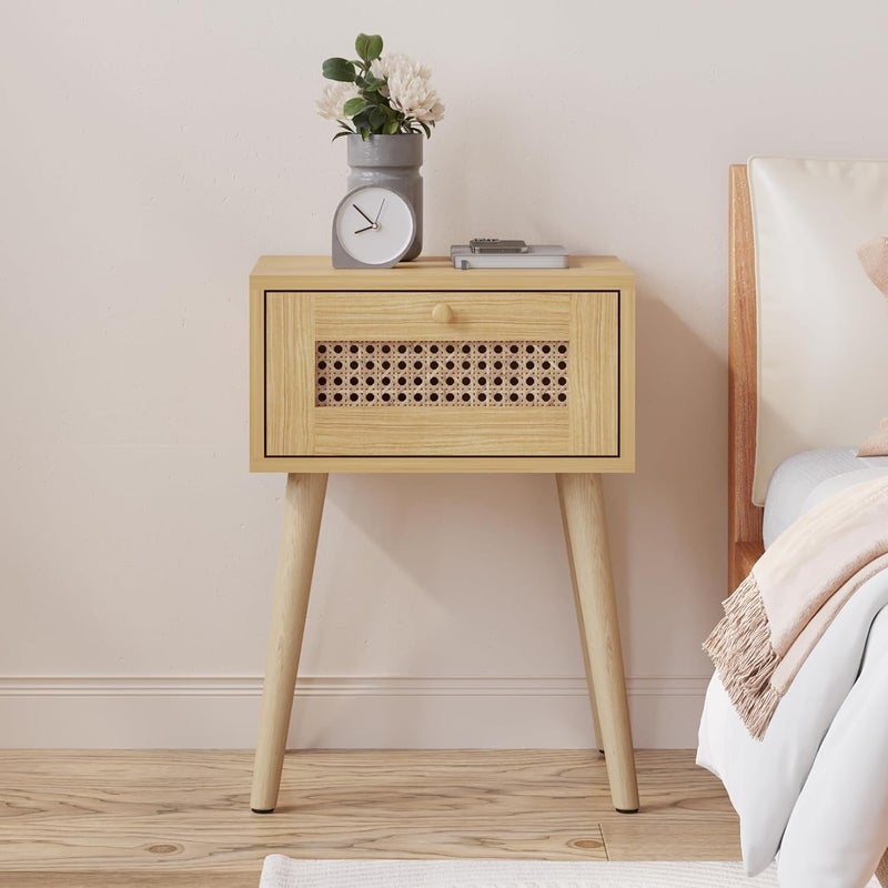 HOME ELEMENTS End Table with Rattan Door Storage for Living Room Bedside Table Sofa Side Table Nightstand Table with Legs for Bedroom Dining Room BalconyOfficeKids RoomSmall Spaces35x28x57cm - Image 4