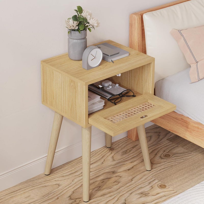 HOME ELEMENTS End Table with Rattan Door Storage for Living Room Bedside Table Sofa Side Table Nightstand Table with Legs for Bedroom Dining Room BalconyOfficeKids RoomSmall Spaces35x28x57cm - Image 3