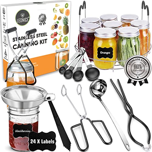 LEONICE Canning Supplies Starter Kit, Stainless Steel Canning Set Tools: Rack, Ladle, Measuring Spoons, Funnel, Tongs, Jar Lifter, Lid Lifter & Accessories for Canner/Pot, Beginner, Home Canning Kit - Black - Image 1