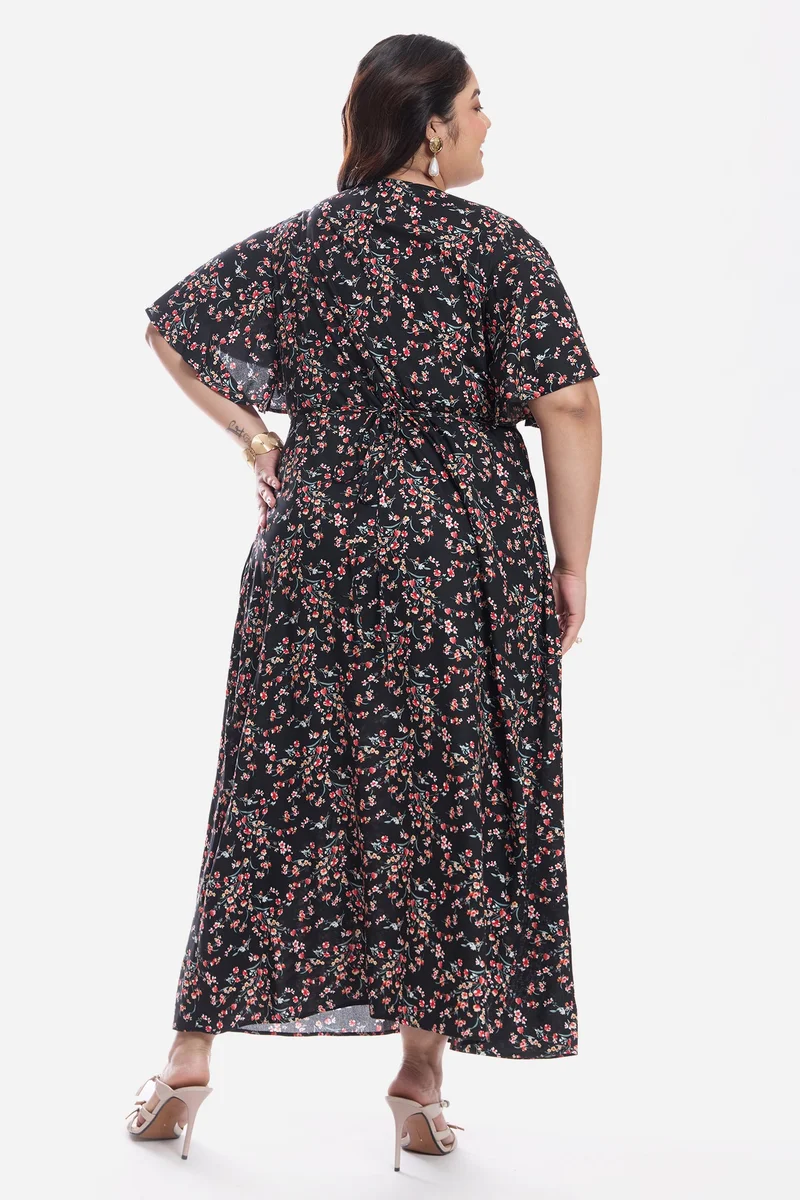 Virgio  Floral Viscose Midi Plus Size Dress With Flutter Sleeve for Women for Women | Best Price UAE