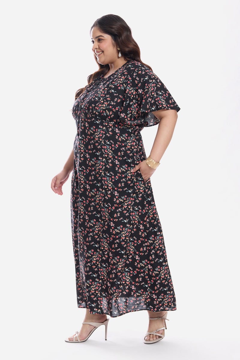Virgio Floral Viscose Midi Plus Size Dress With Flutter Sleeve for Women - Image 4