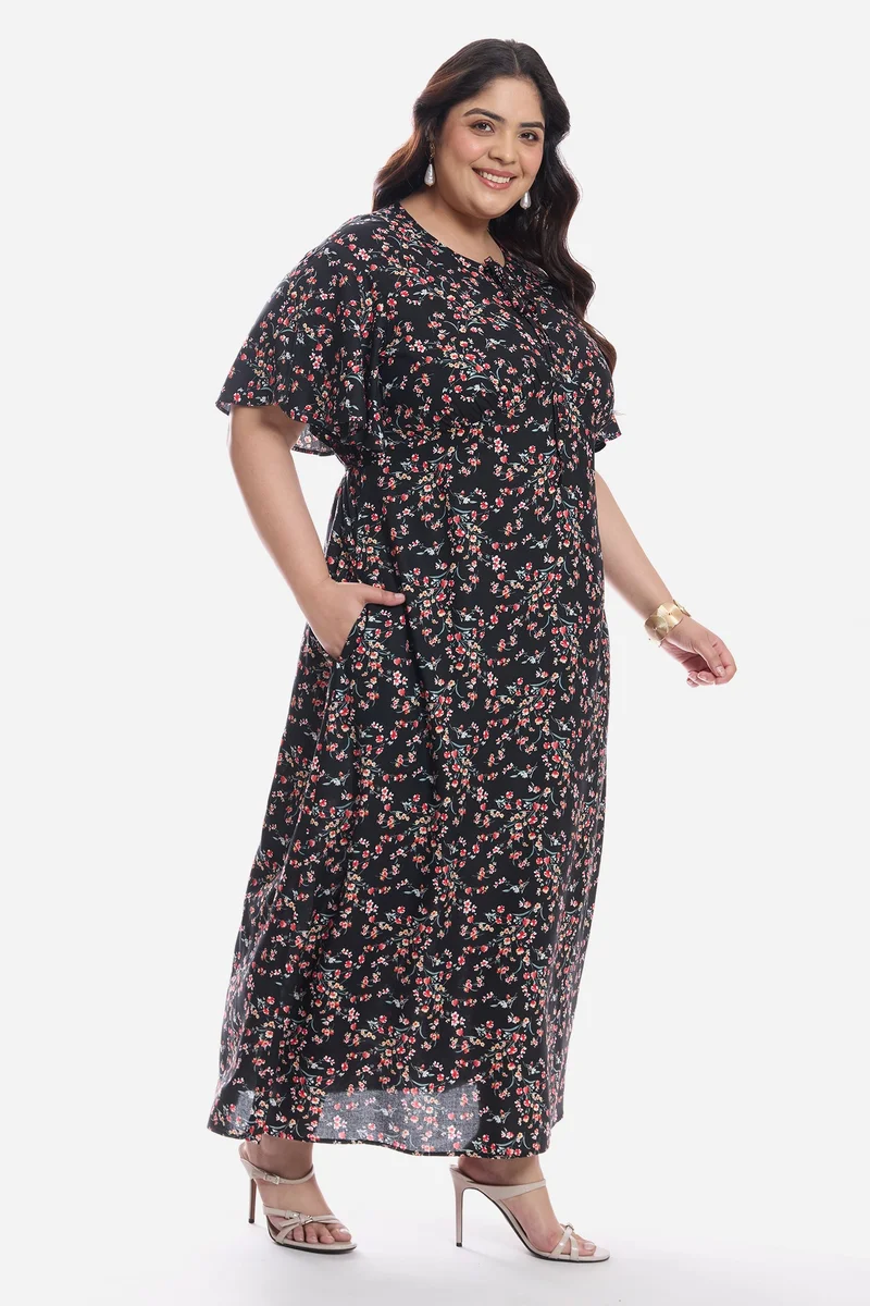 Virgio  Floral Viscose Midi Plus Size Dress With Flutter Sleeve for Women for Women | Best Price UAE
