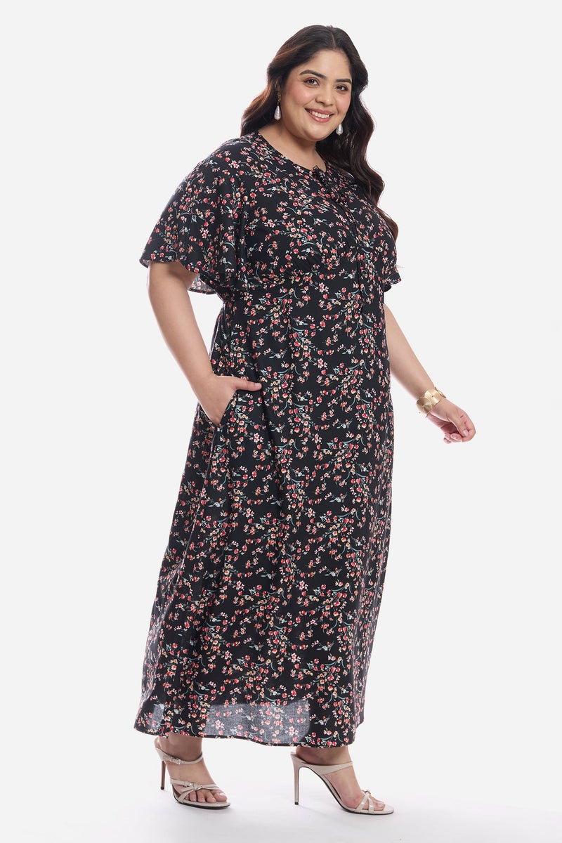 Virgio Floral Viscose Midi Plus Size Dress With Flutter Sleeve for Women - Image 3