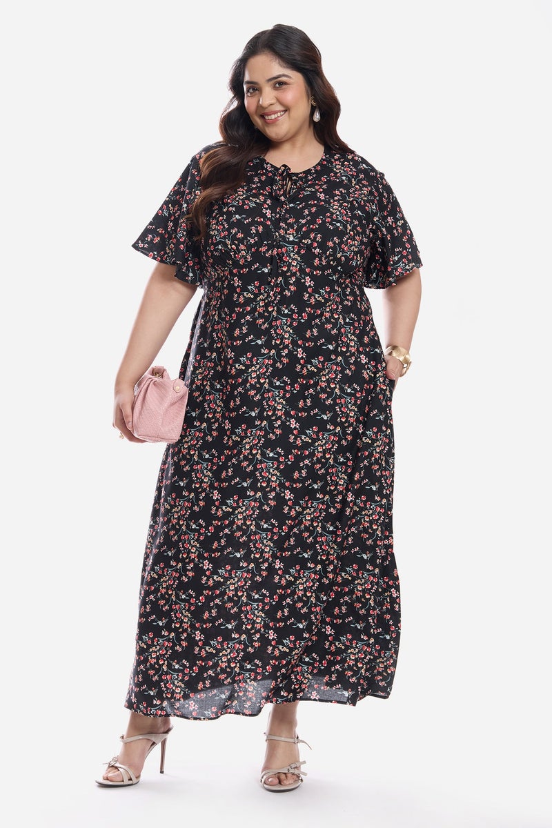 Virgio Floral Viscose Midi Plus Size Dress With Flutter Sleeve for Women - Image 1