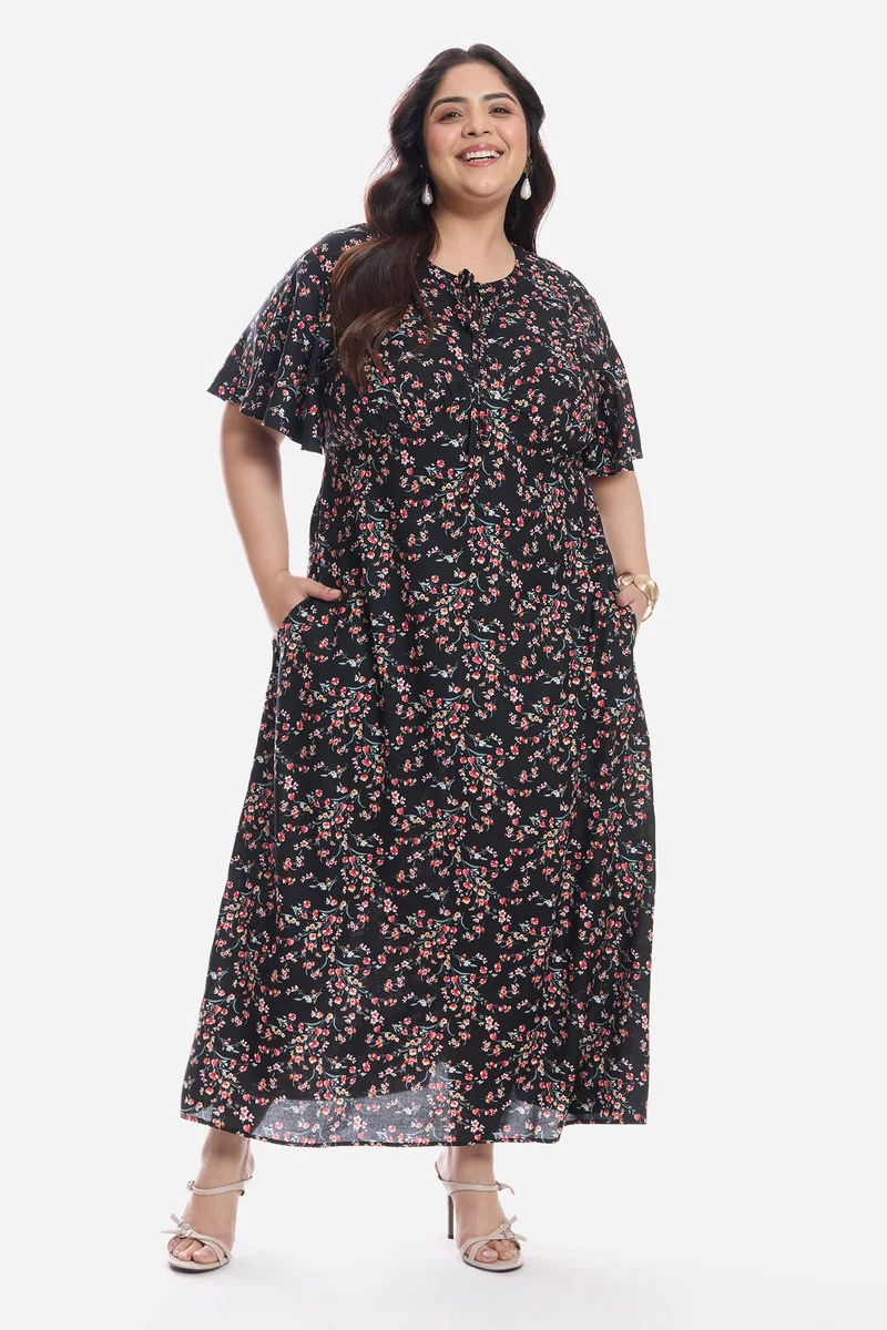 Virgio Floral Viscose Midi Plus Size Dress With Flutter Sleeve for Women