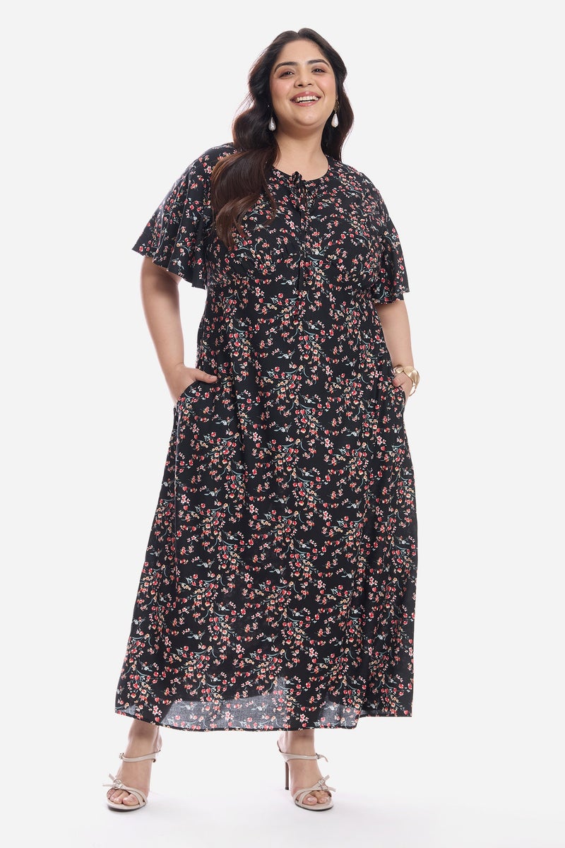 Virgio Floral Viscose Midi Plus Size Dress With Flutter Sleeve for Women - Image 2