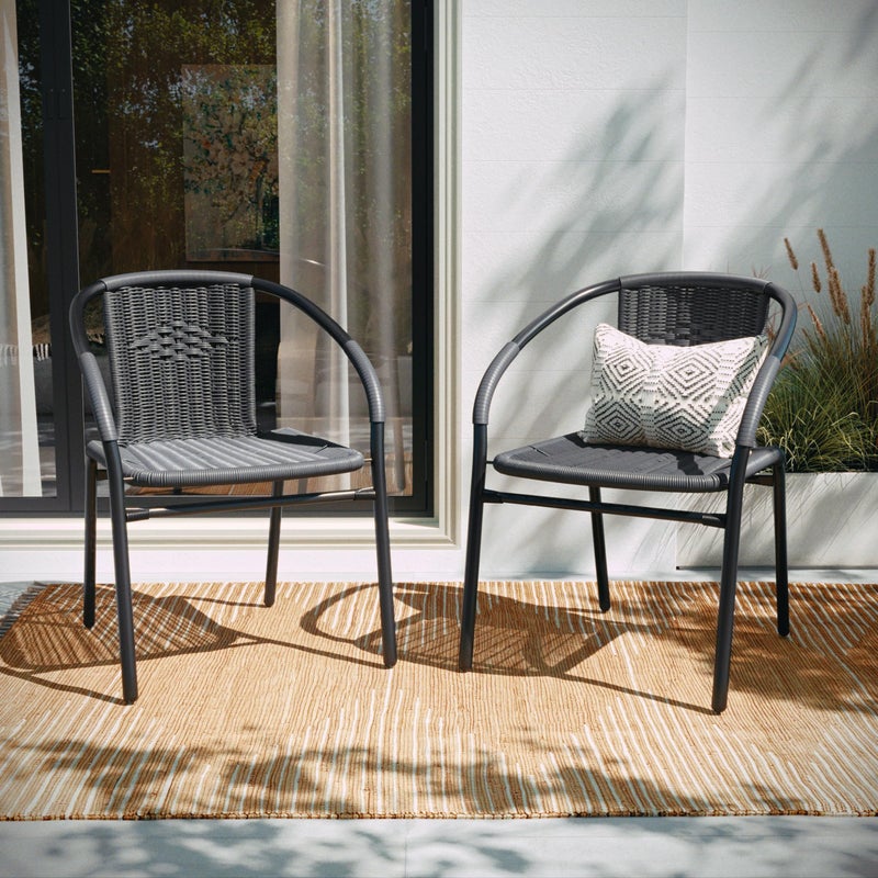 Flash Furniture كرسي مطعم داخلي-خارجي من فلاش فيurniture ليلا 2 حزمة رمادي من الخيزران القابل للتكديس - Image 3