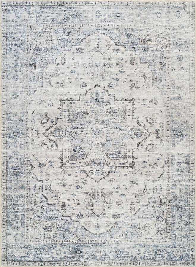 Bloom Rugs سجادة بلوم كارا قابلة للغسل وغير قابلة للانزلاق، مقاس 3×5 - لون عاجي/أزرق/رمادي، سجادة تقليدية مناسبة لغرفة المعيشة، غرفة النوم، غرفة الطعام، والمطبخ - المقاس الدقيق: 3×5 قدم - Image 4